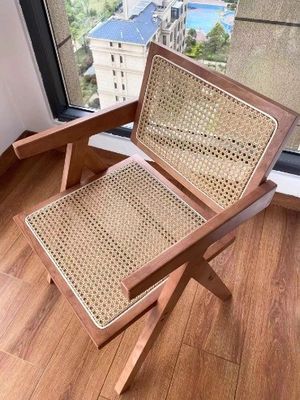 Natural Solid Wood Dining Chair with Modern Rattan Backrest in Black Finish