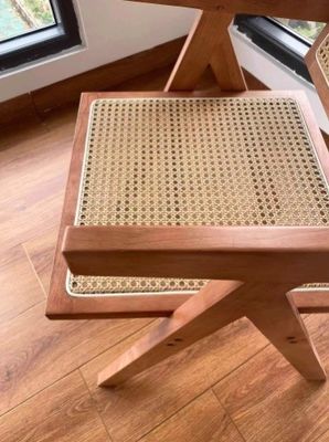 Natural Solid Wood Dining Chair with Modern Rattan Backrest in Black Finish