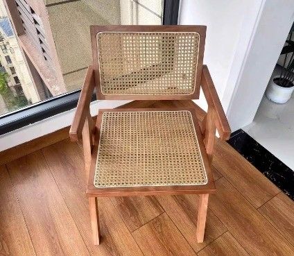 Natural Solid Wood Dining Chair with Modern Rattan Backrest in Black Finish