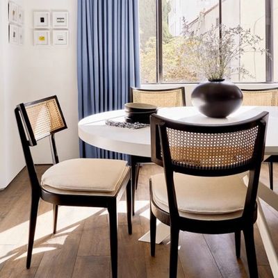 Modern Restaurant Furniture Design Rattan Back Wood Dining Chair with Fabric Upholstery