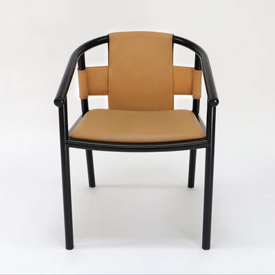 Specific Dining Chair Solid Wood Frame Leisure Lounge Accent Arm Chairs with Brown Saddle Leather