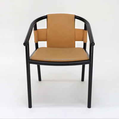 Specific Dining Chair Solid Wood Frame Leisure Lounge Accent Arm Chairs with Brown Saddle Leather