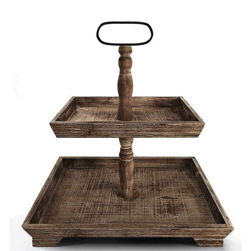 Customization Farmhouse Wooden 2 Tier Tray Stand for Serving Food Fruits Cupcakes Square Tier at Restaurant Home Cake