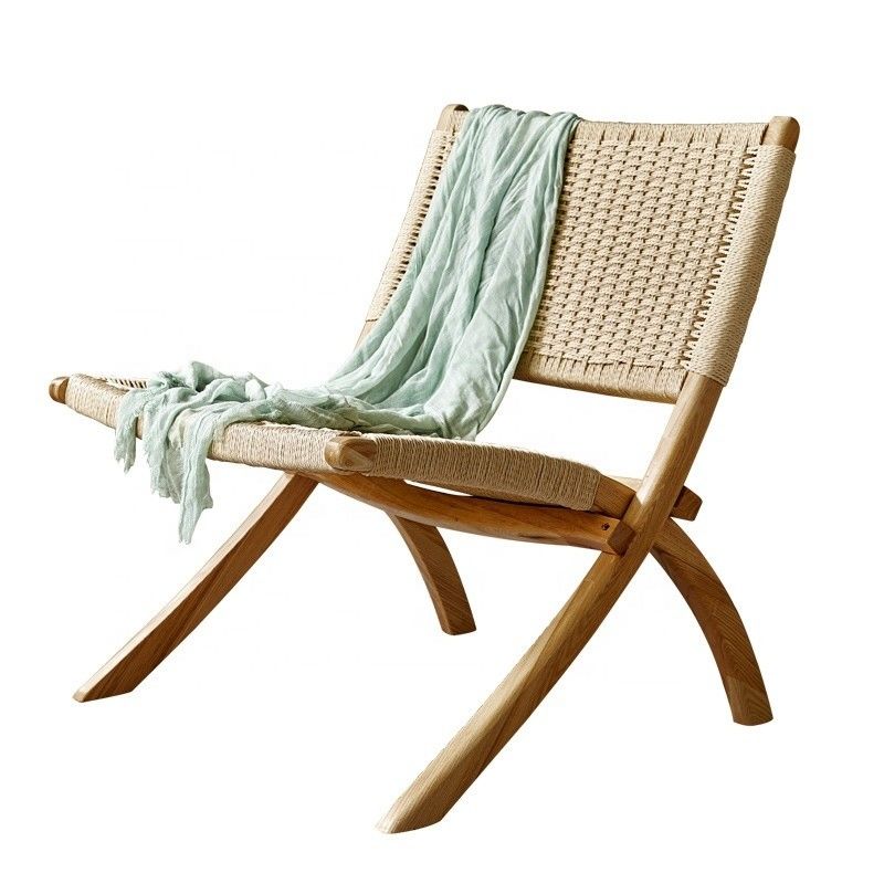 Leisure Style Wooden Patio Outdoor and Living Room Folding Chairs with Natural Rattan Woven Craftsmanship