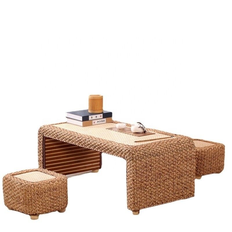 Home Furniture Modern Design Style end Natural Wood Frame Straw Woven Artistic Japanese Style Coffee Table for Living Room