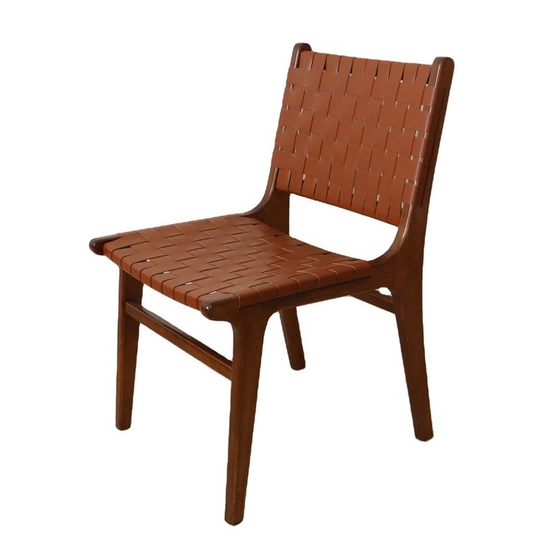Customized Logo Outdoor Leisure Chairs Solid Wood Furniture Modern Design Style with PU Leather Woven Dining Chair