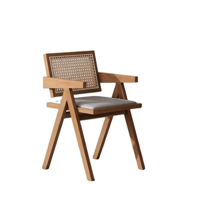 PU/Fabric Foam Seat Solid Wood Rattan Armrest Dining Chair with Upholstered Cane Seat and NO Folded Design