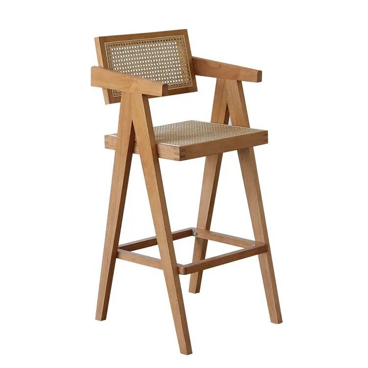Solid Wood High Bar Stool Chair with Back Rest and Arms Natural/Walnut/Black