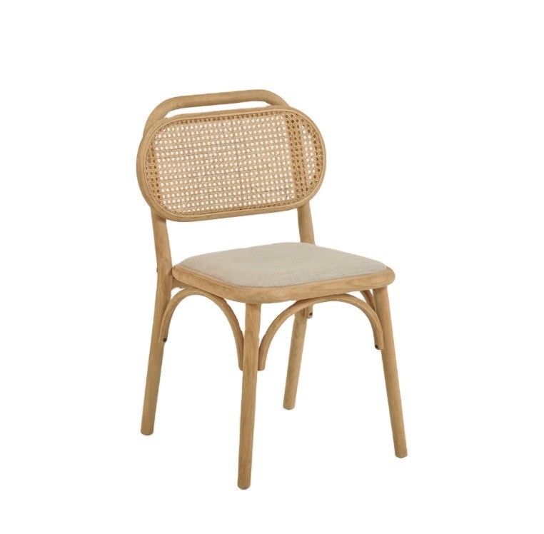Vintage Style Dining Chair in Natural Wood with Fabric Seat and Real Rattan Backrest W47*D51*H82.5CM