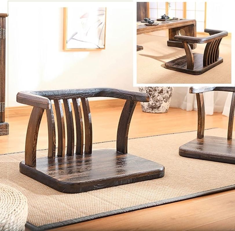 Solid Wood Floor Chair Nitrolacquer Finish and Back Support for Japanese Tatami Wood Legless Floor Tea Chair