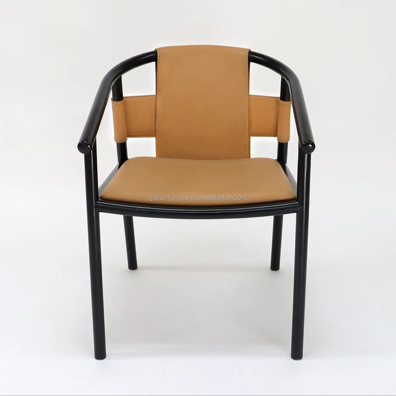 Specific Dining Chair Solid Wood Frame Leisure Lounge Accent Arm Chairs with Brown Saddle Leather